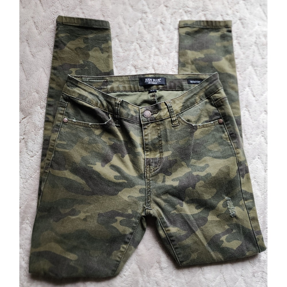 Judy Blue Womens Camo Skinny Fit Distressed Jeans Size 7/28 Green Camouflage